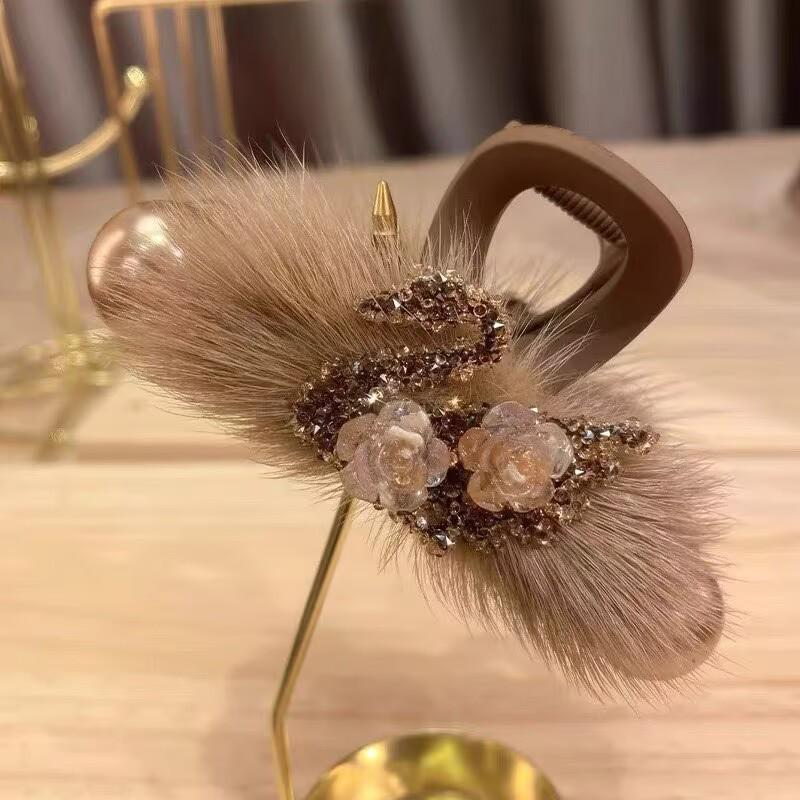 2025 New Year Red Plush Pearl Claw Clip - Stylish Women's Shark Hairpin Accessory for Buns and Hair Styling