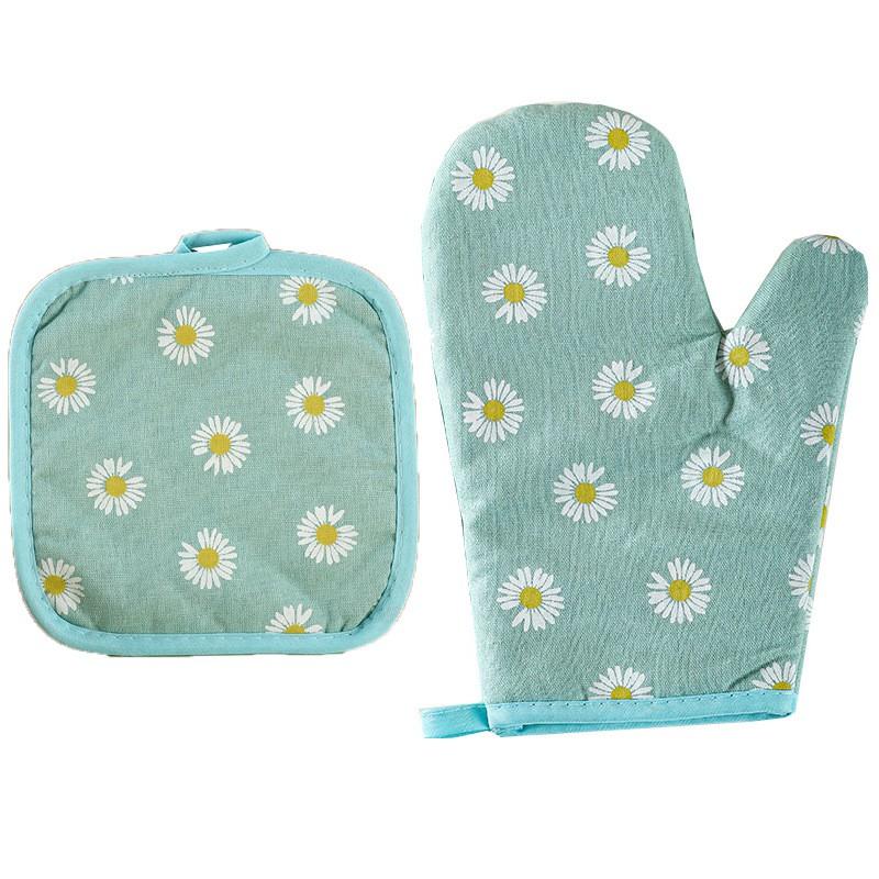 Heat Resistant Oven Gloves With Insulated Pad Set Baking Microwave Kitchen Use Cotton Linen Blend Modern Geometric Design