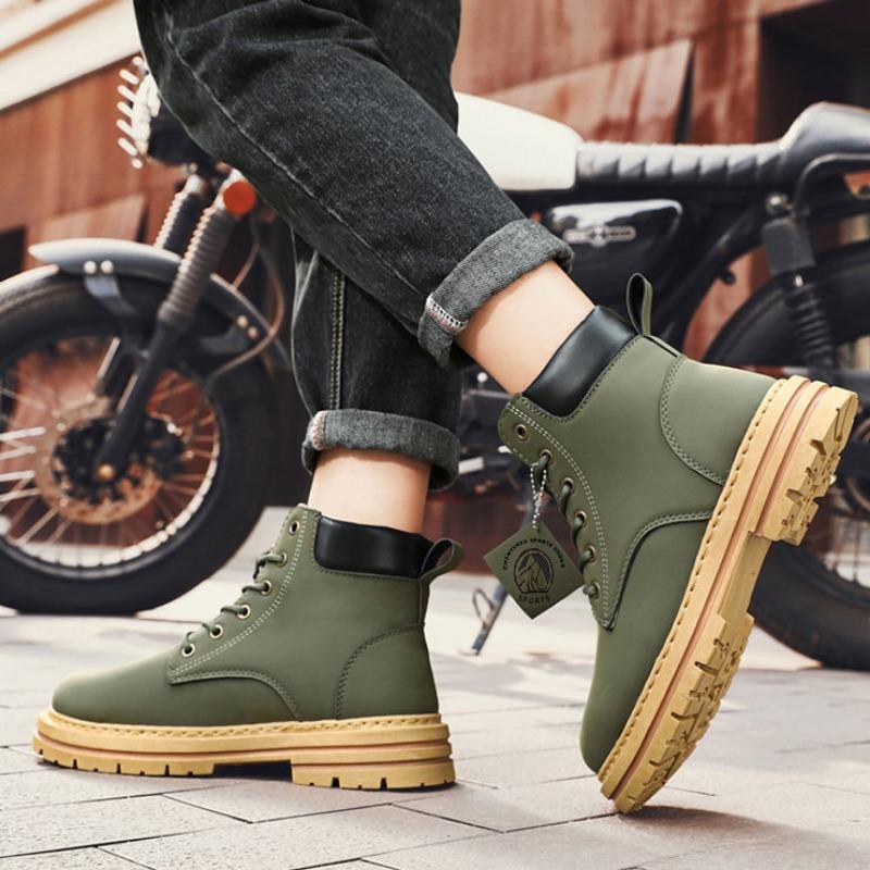 Fashion Men High Top Ankle Boots Spring Winter Comfortable Warm Platform Leather Shoes Motorcycle Lace-up Men Shoes Botas Hombre