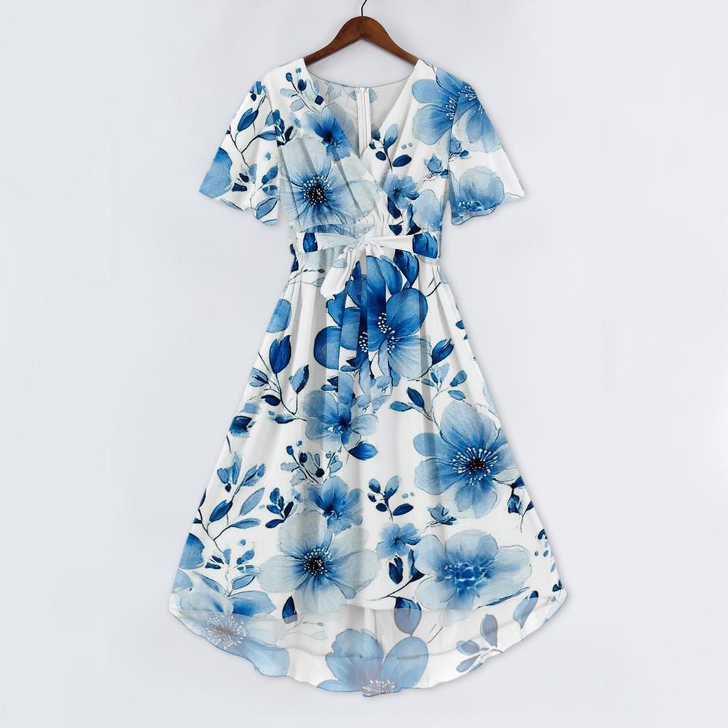 Women's Casual V Neck Short Sleeve Floral Print Dress Midi Length Wrap Style Lightweight Fabric Summer Dress
