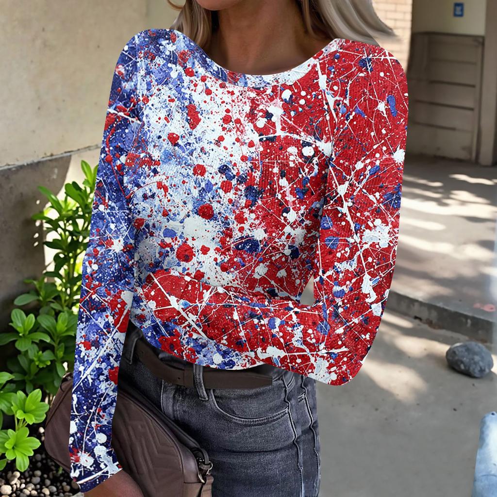 Women's Casual Long Sleeve Ribbed Top Crew Neck Lightweight Knit Shirt with Star Pattern Print for Everyday Wear