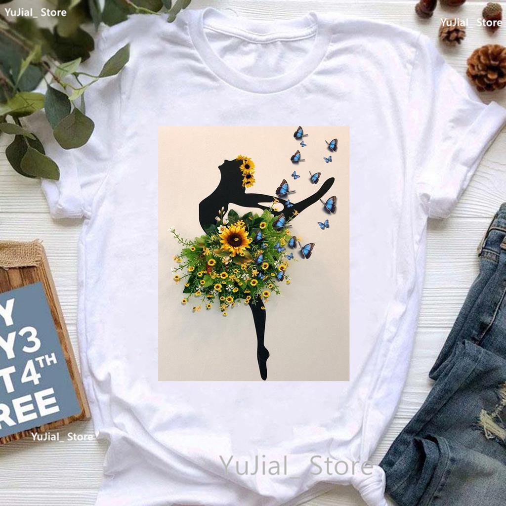 Rainbow Ballet Dancer Print T Shirt Girls Gymnast Lover Tshirt Unisex Watercolor Flowers Tshirt Femme Summer Short Sleeve Tops