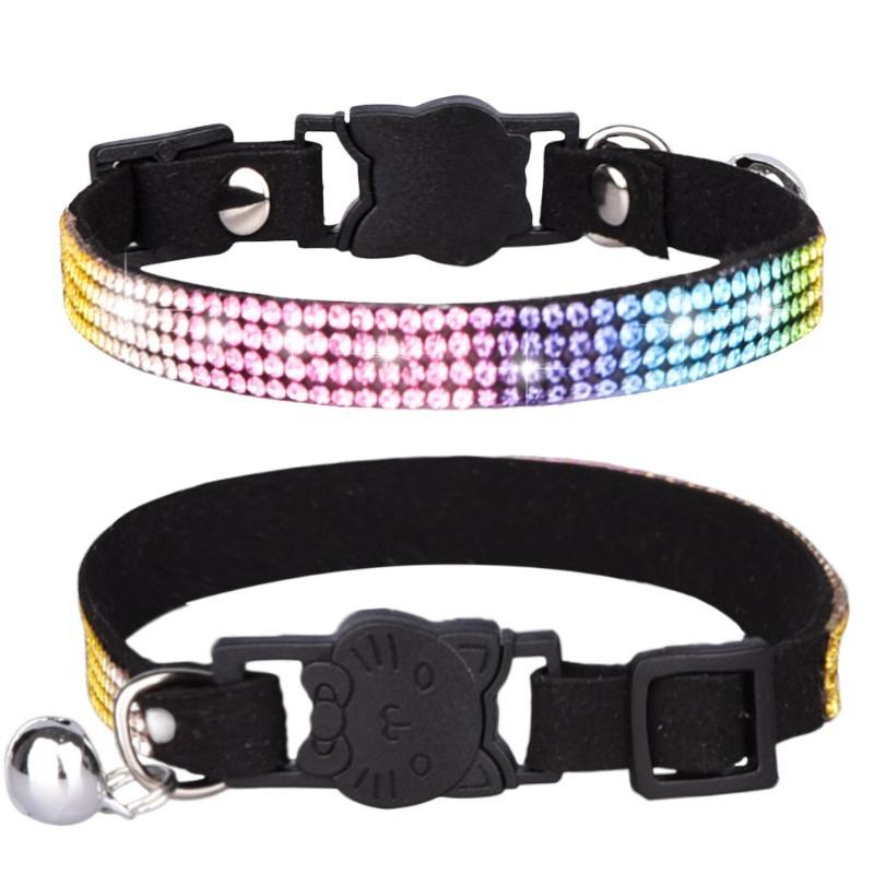 Pet Collar Shiny Rhinestone Color Anti-bridle Suede Soft and Comfortable Bell Style Cat Leash Collar