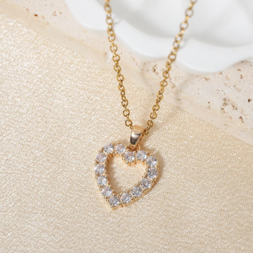 Sparkling Heart Zirconia Necklace, Golden Plated Chain, Bridal Jewelry for Wedding & Party