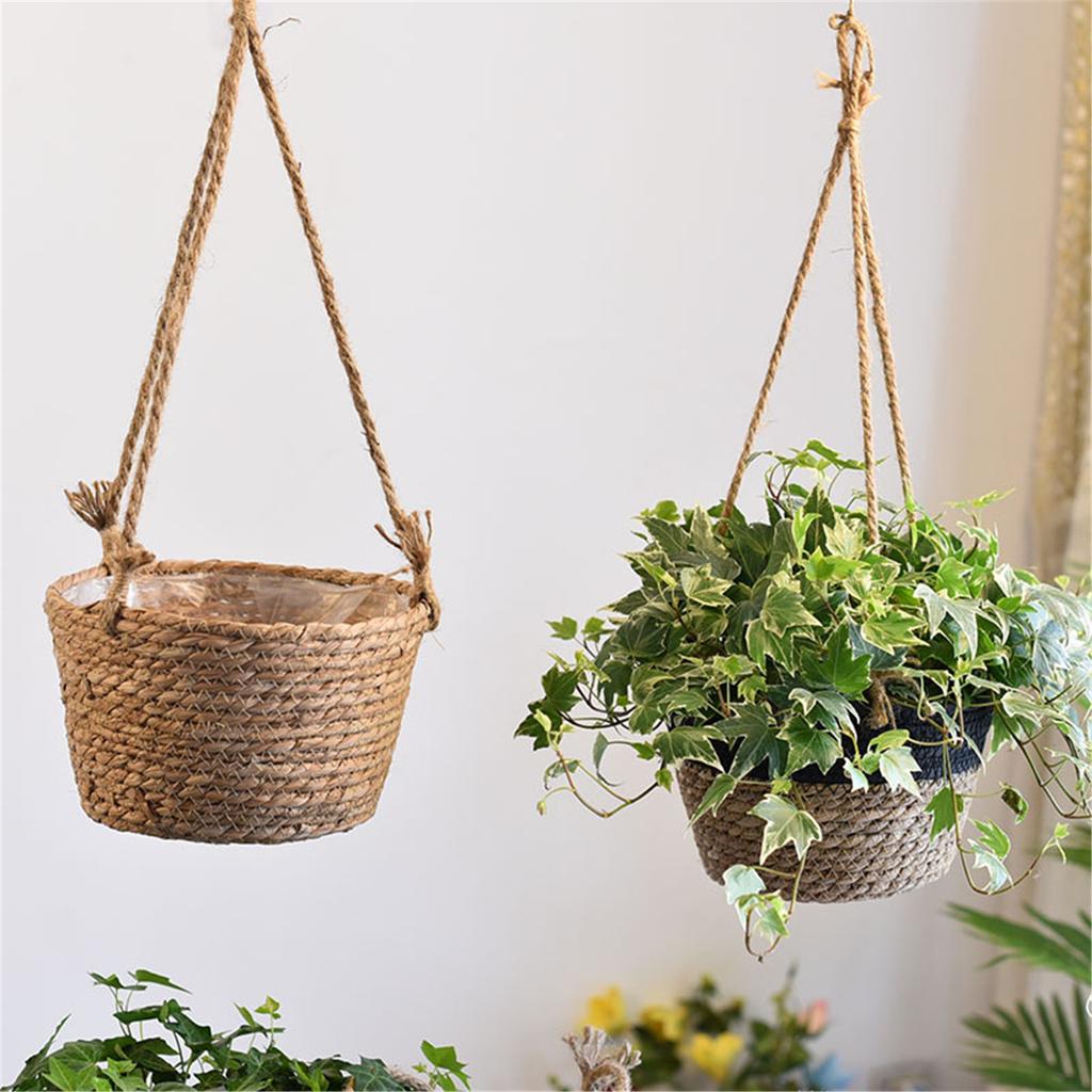 Round Hand Woven Hanging Planter Baskets Natural Rope Woven Plant Holder Flower Pots Home Planting Gardening Supply