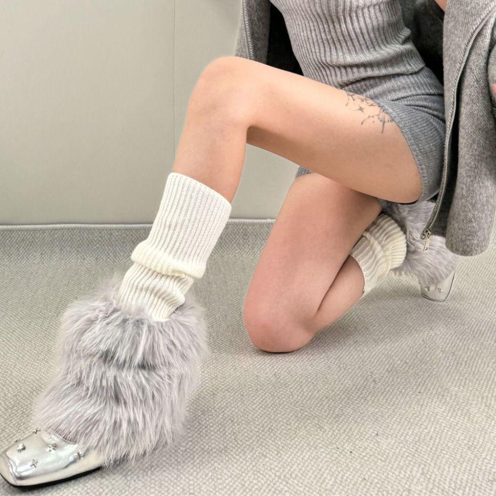 Knitted Furry Leg Warmers Foot Cover Long Stockings Vintage Plush Leg Coverings  Spicy Girls