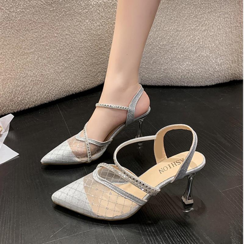 Bling Crystal High Heels Sandals for Women Summer Pointed Toe Rhinestones Thin Heel Pumps Woman Sexy Transparet Mesh Party Shoes