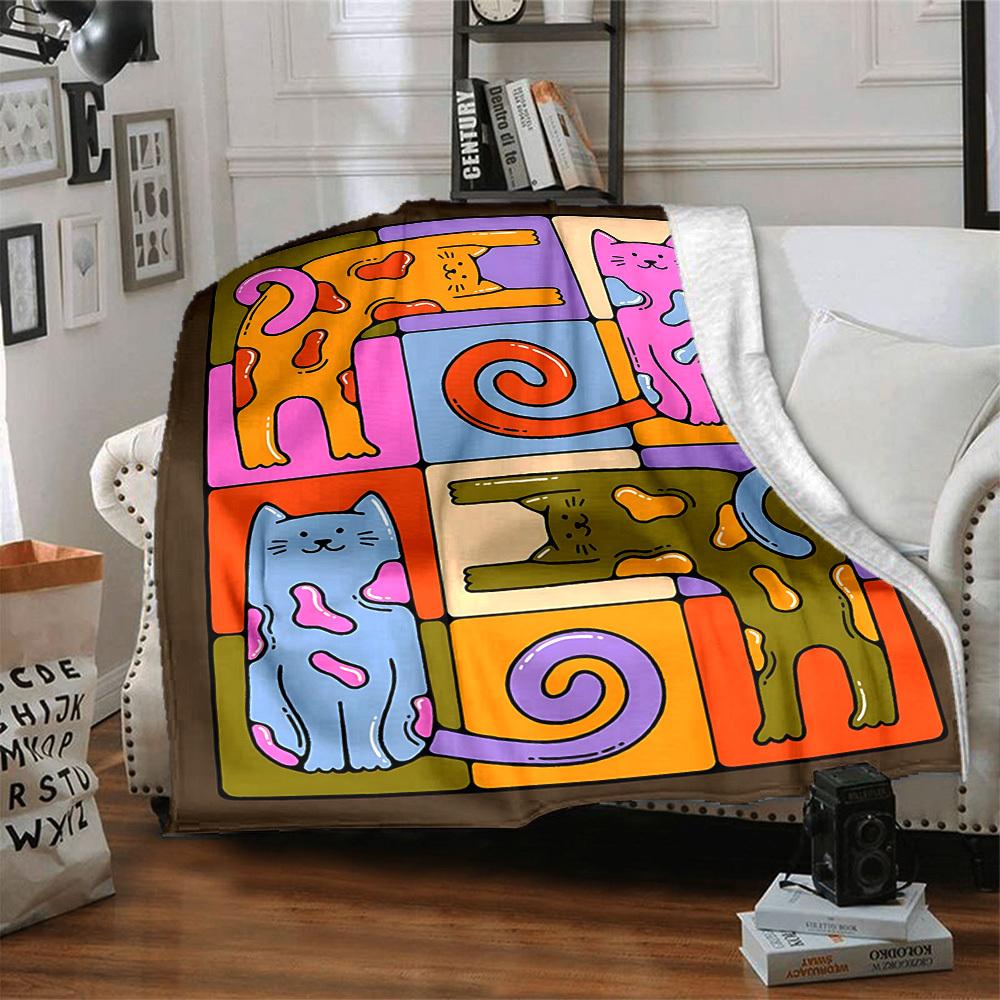 1pc Colorful Cats Blanket Lightweight Flannel Blanket Throw Blanket For Sofa, Bed, Travel, Camping, Livingroom, Office, Couch, Chair, And Bed yy251015