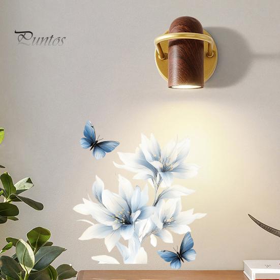 Botanical Wall Accents for Modern Interior Ink-Washed Blue Floral Stickers with Butterflies, Delicate Lily Peel And Stick Decals Living Room