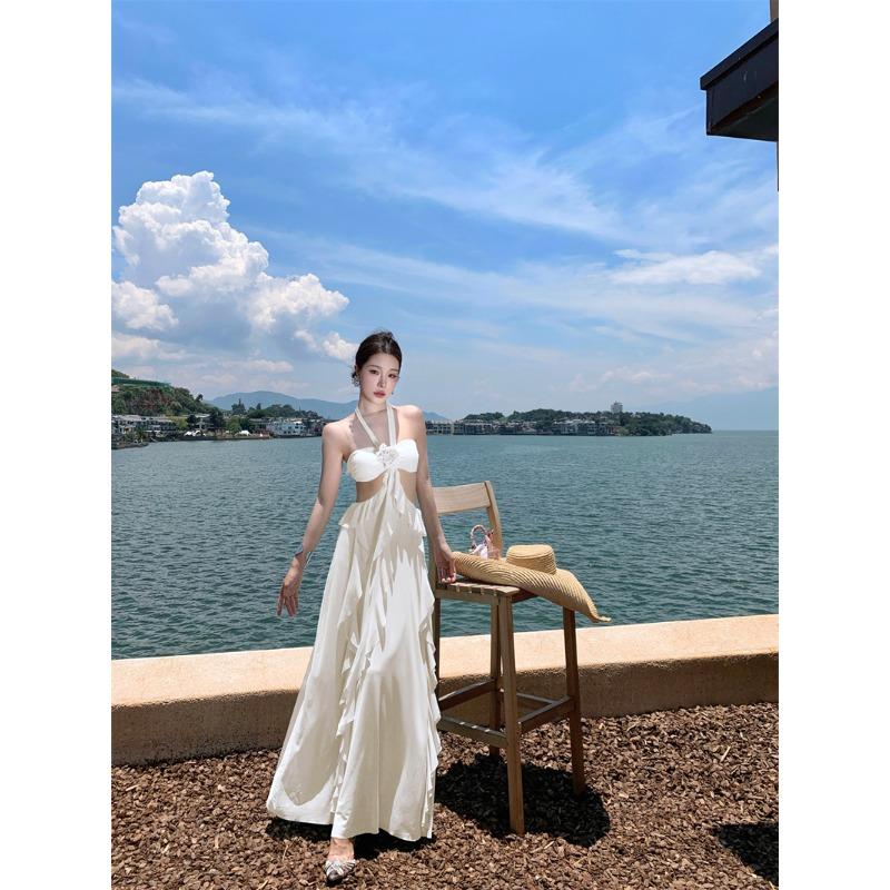 

French Fairy Lotus Leaf Edge Chiffon Suspender Dress Women s Summer Sexy Waist Tube Top Island Vacation Dress L брудно-білий