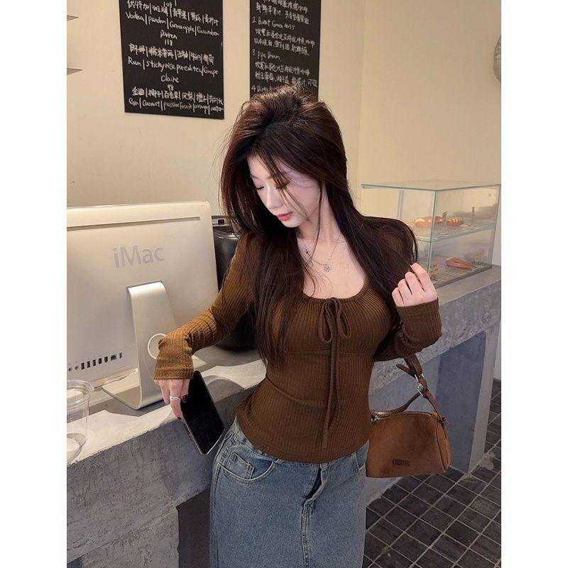 Spicy Girl Lace-up Long Sleeve Slimming Ribbed T-shirt – Autumn/Winter Trendy Top