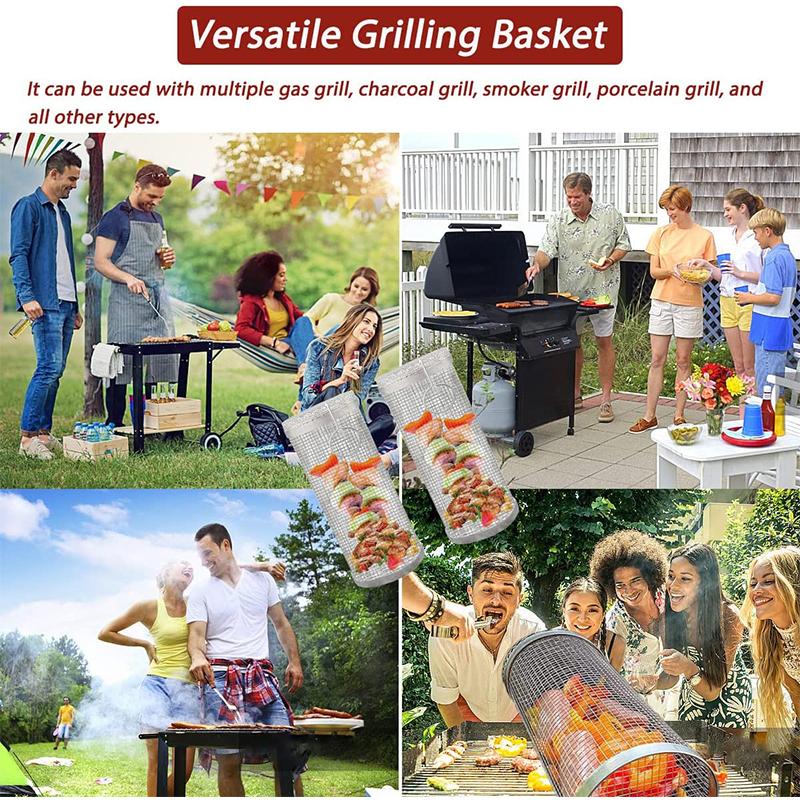LMETJMA Rolling BBQ Korb Edelstahl BBQ Net Rohr Tragbare Outdoor BBQ Grill Mesh Camping Grill Rack JT50