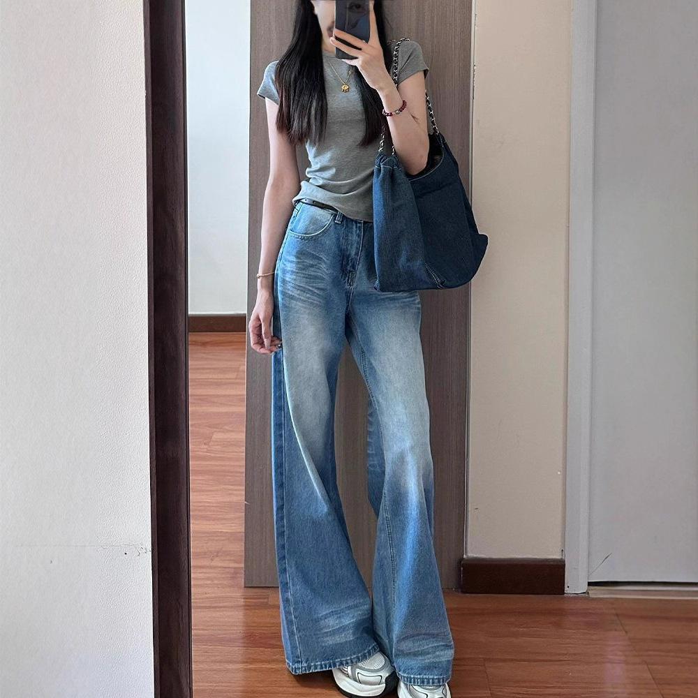 Large Size Do Old Crease Jeans Women Blue Straight Washed High Waist Drape Loose Skinny Wide Leg Dragging Trousers Jeans for Women Long Denim Pants