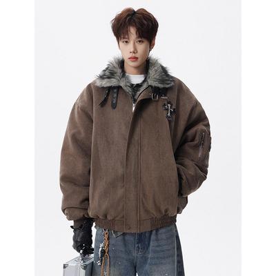 Men's American-Style Thick Cotton Jacket with Fur Collar - Winter Warm Padded Outerwear