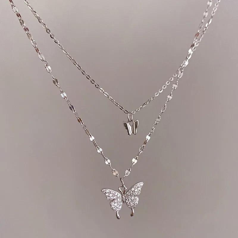 Cold wind butterfly double-layer necklace does not fade, trendy collarbone chain temperament stacked neck chain versatile women s models