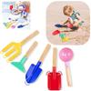5-Piece Kids Beach Toy Set - Metal Tools with Wooden Handles (Shovel Rake Fork Spoon Trowel) Durable Sand Play & Gardening Kit