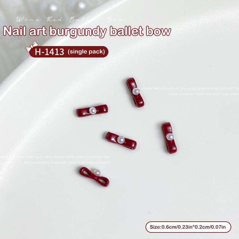 

5 шт. Винно-червоний бант, нігтьовий сплав, діамант, стереоскопічний, інкрустований перлами, аксесуар для прикраси нігтів
