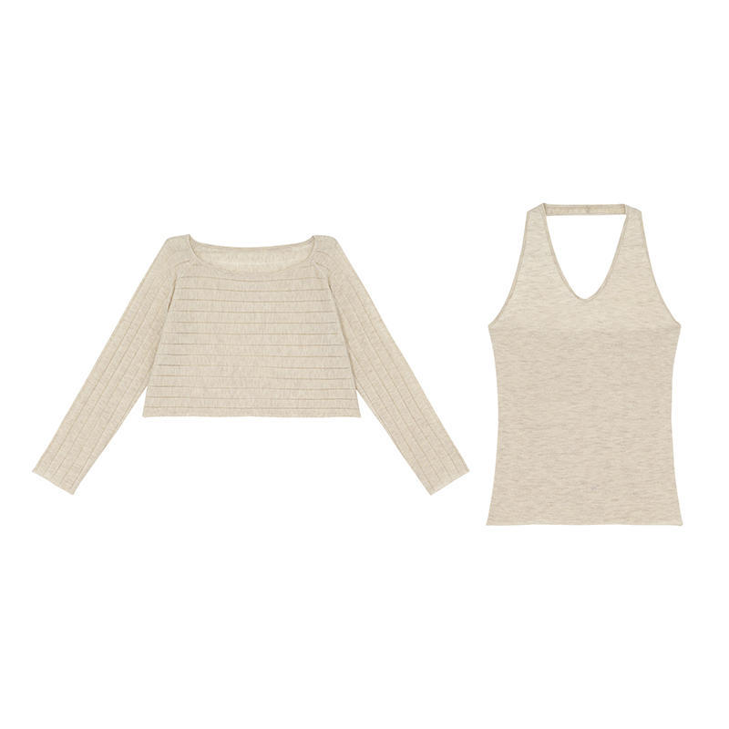 Women s POLO Neck Long Sleeve Fitted Two Piece Knit Outfit Camisole Shrug Solid Cotton Acrylic Casual Sweater Set XS