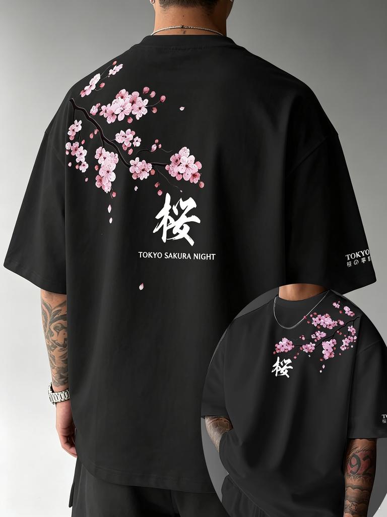 2026 Été Unisexe Motif Fleur de Cerisier Style Japonais T-shirt Ample Convient Pour le Port Quotidien Matière Coton Tendance Polyvalent
