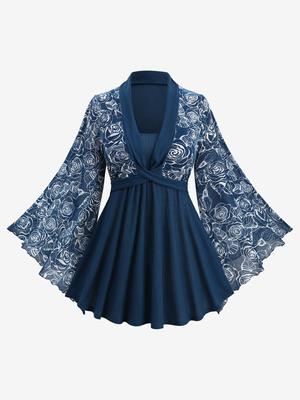 Top de Manga Acampanada con Parche de Textura Acanalada y Estampado de Hoja y Flor Rosa de Talla Grande de Rosegal