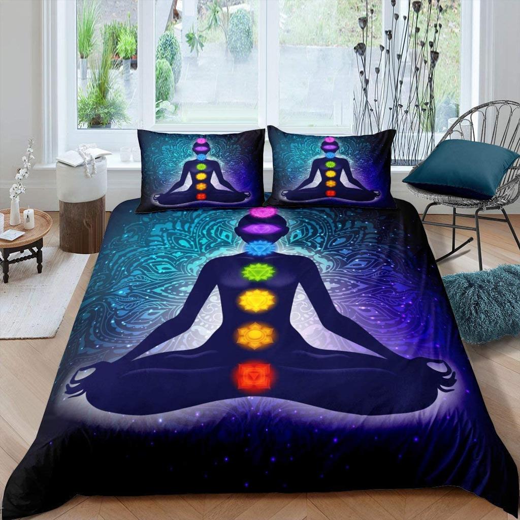 Yoga Duvet Cover Set King Size,Chakra Meditation Bedding Set, Mandala Comforter Cover Boho Hippie Style With Chakra Art Print