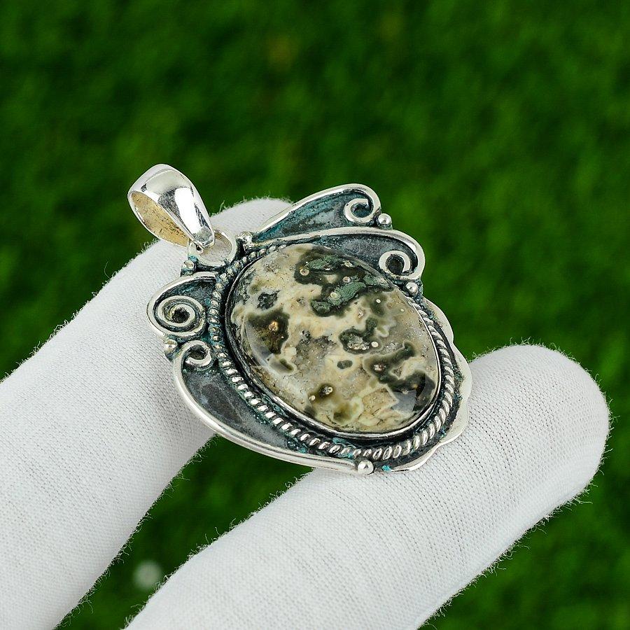 Natural Ocean Jasper Gemstone Pendant Green 925 Sterling Silver Indian Jewelry