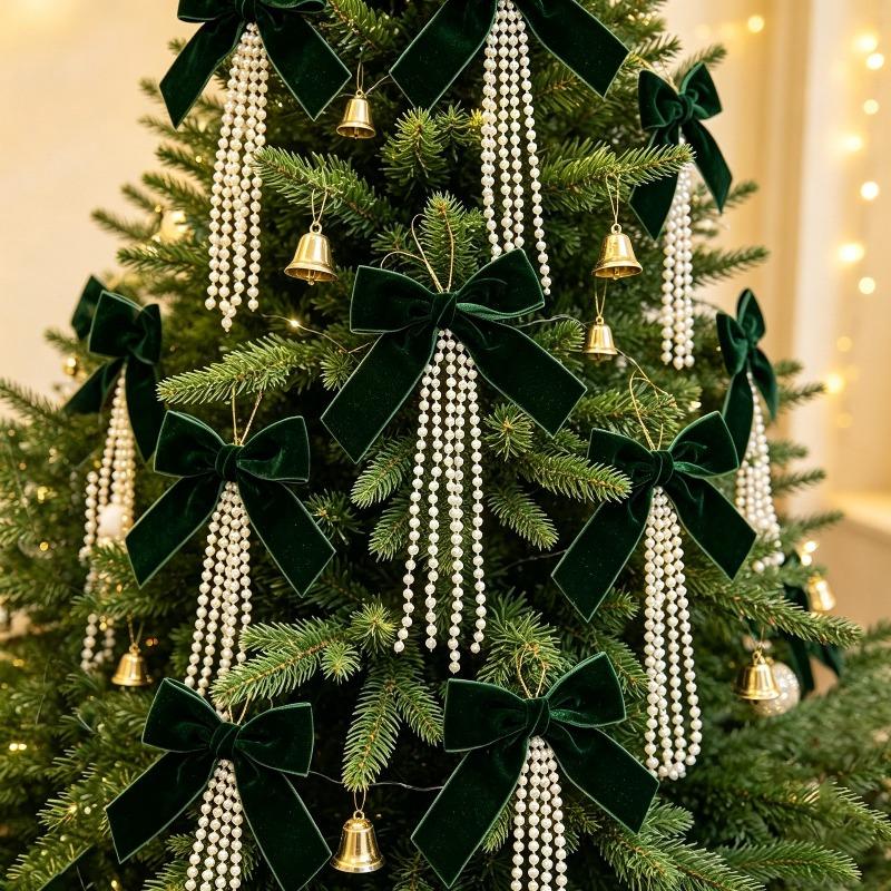 5PC Pearl Flocking Bow Christmas Tree Ornaments Xmas Tree Decor Hanging Pendants Window Wall Decor Home Party 2027New Year Gift