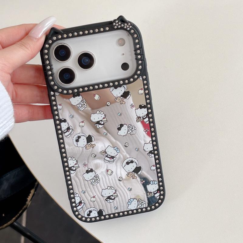 Ins Cute Double-Sided Rhinestone Full Screen KT Makeup Mirror for iPhone 17 Pro Max/16/15 Pro Max Cases.