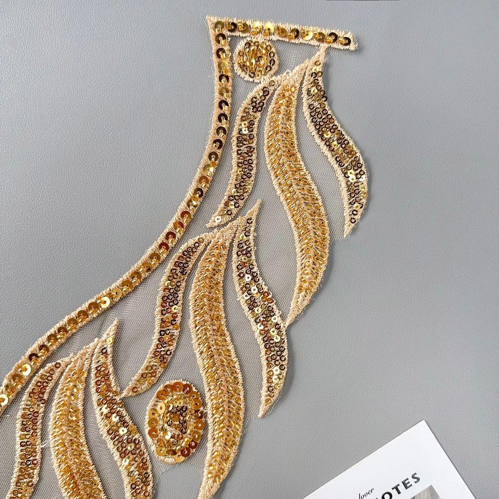 Gold Handmade Beaded Sequins Costume Dress Performance Costume Accessories Decorative V-Neck Front Neck Cloth Stickers Accessories