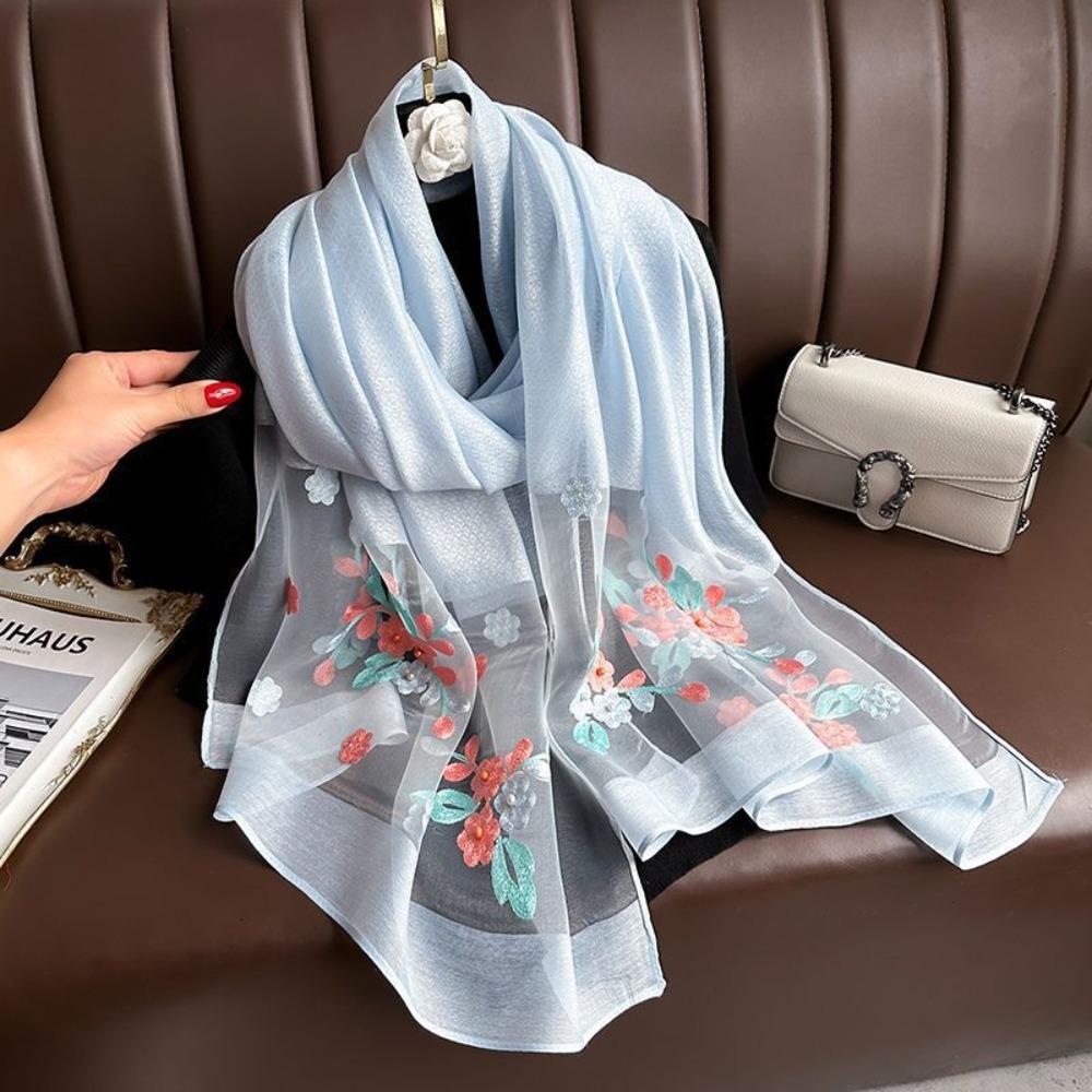 Flower Embroidery Women Hijab Shawls Large Shiny Lace Scarf Elegant Luxury Silk Scarf  Lady