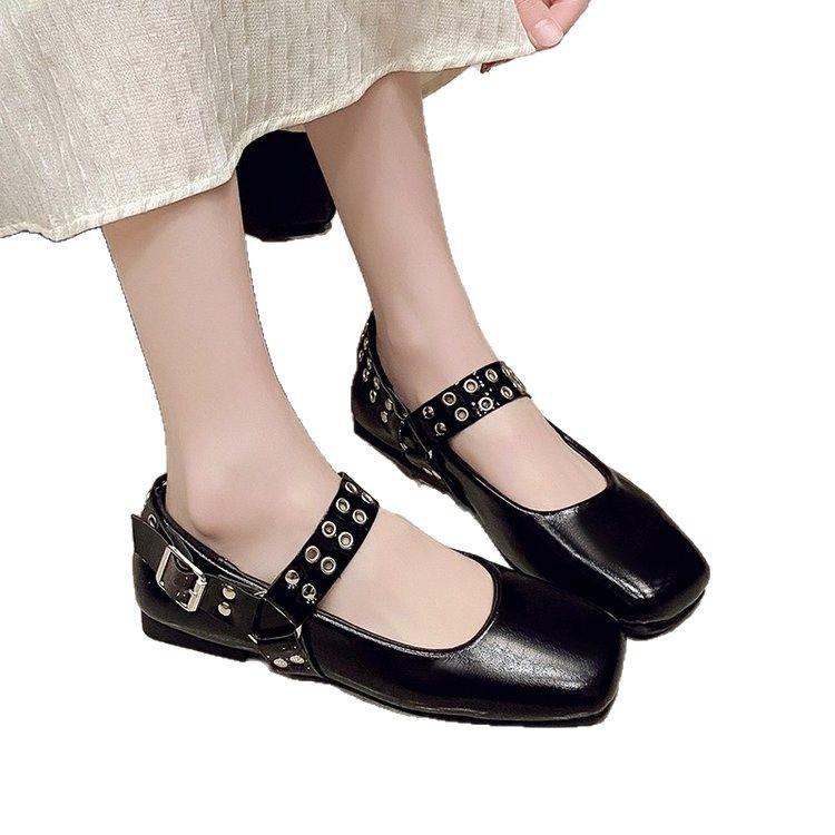 Haute couture version~ French square head shallow mouth Mary Jane shoes women's new metal buckle flat bottom retro one-word buckle small leather shoes