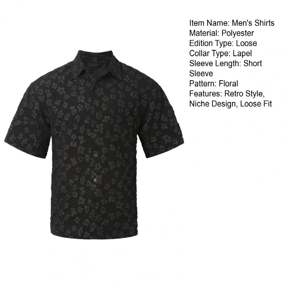 Men Short Sleeve Shirt Turn-down Collar Tee with Embossed Flower Pattern Retro Style Loose T-Shirt for Daily Beach Wedding Offic