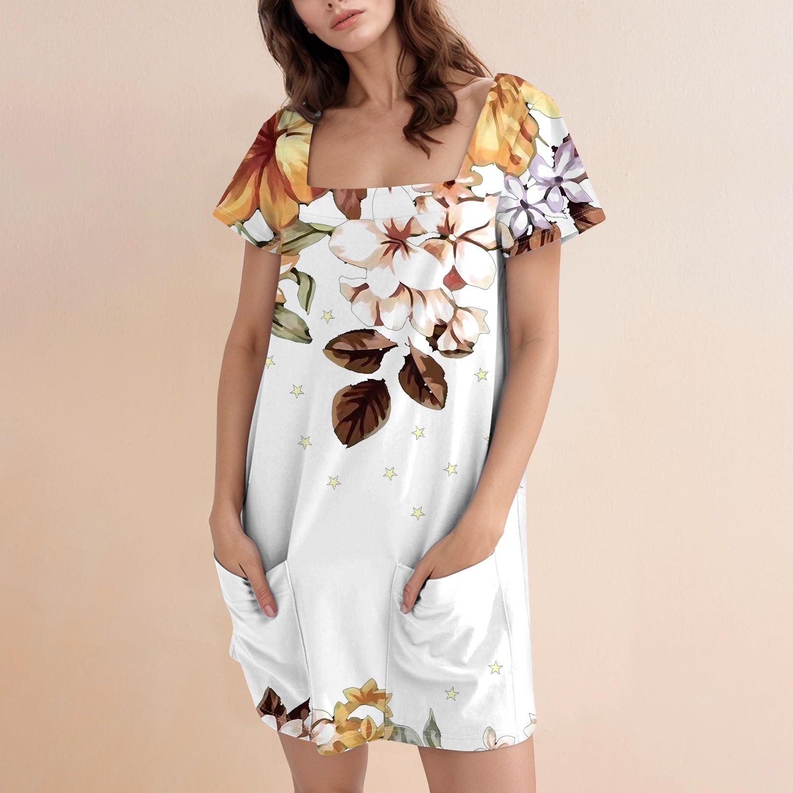 

Женское модное повседневное платье с квадратным вырезом и коротким рукавом XXL белый