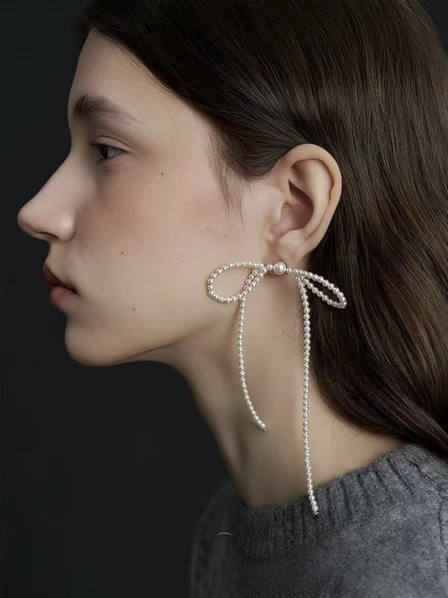 Elegant Long Pearl Bow Stud Earrings for Women - High-End Versatile Design