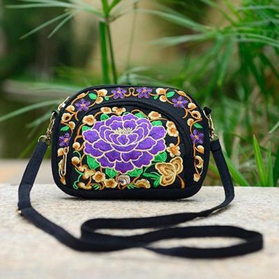 Travel Phone Purse National Canvas Shoulder Small Vintage Boho Ethnic Embroidery Bag for Women Travel Pouch Floral
