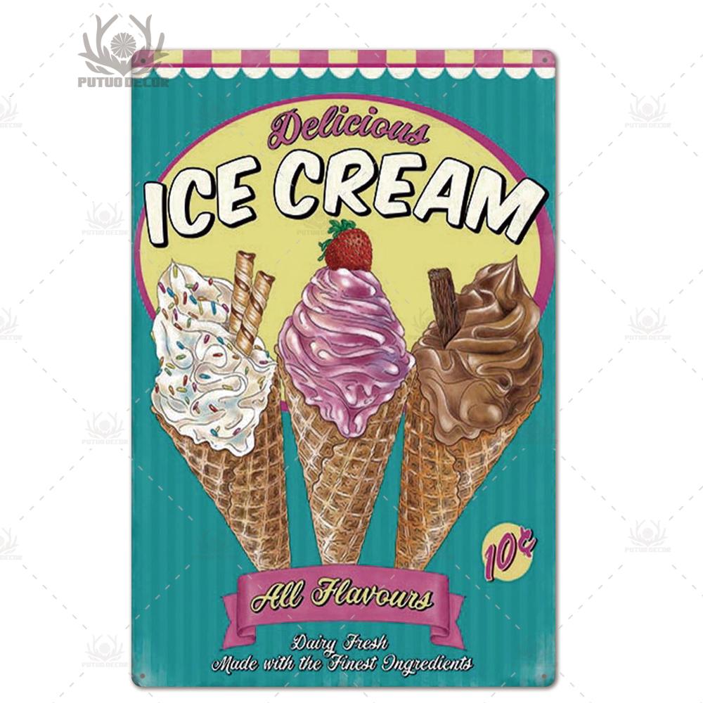 Putuo Decor Ice Cream Tin Sign Plaque Metal Plate Vintage Ice Lolly Retro Wall Art Poster for Dessert Shop Iron Painting