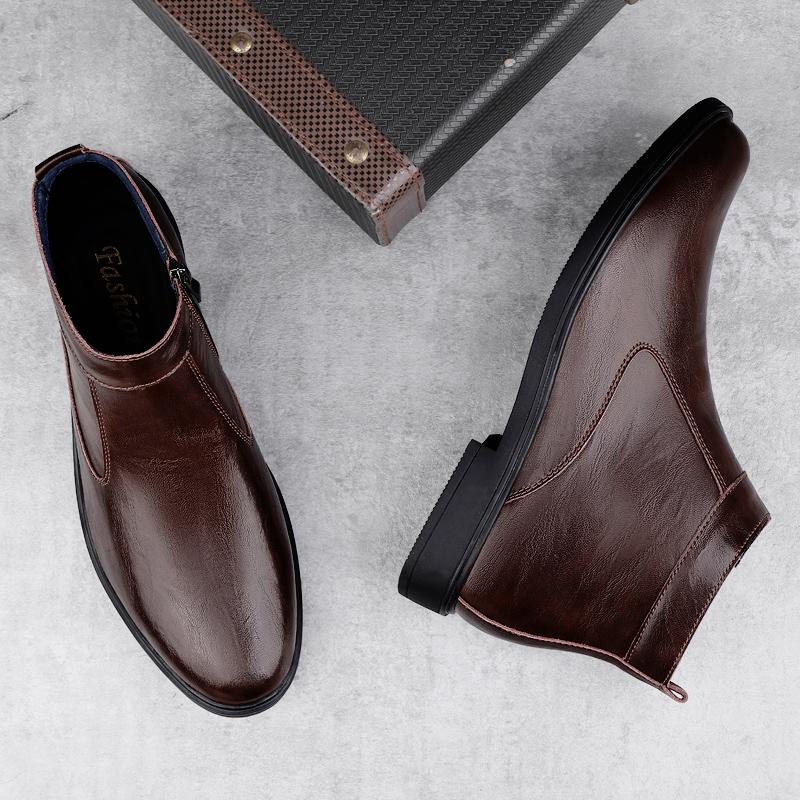 Genuine Leather Men Chelsea Boots New Men Winter Plush Snow Boots Soft Ankle Boots Formal Business High Top Shoes Man Warm Botas