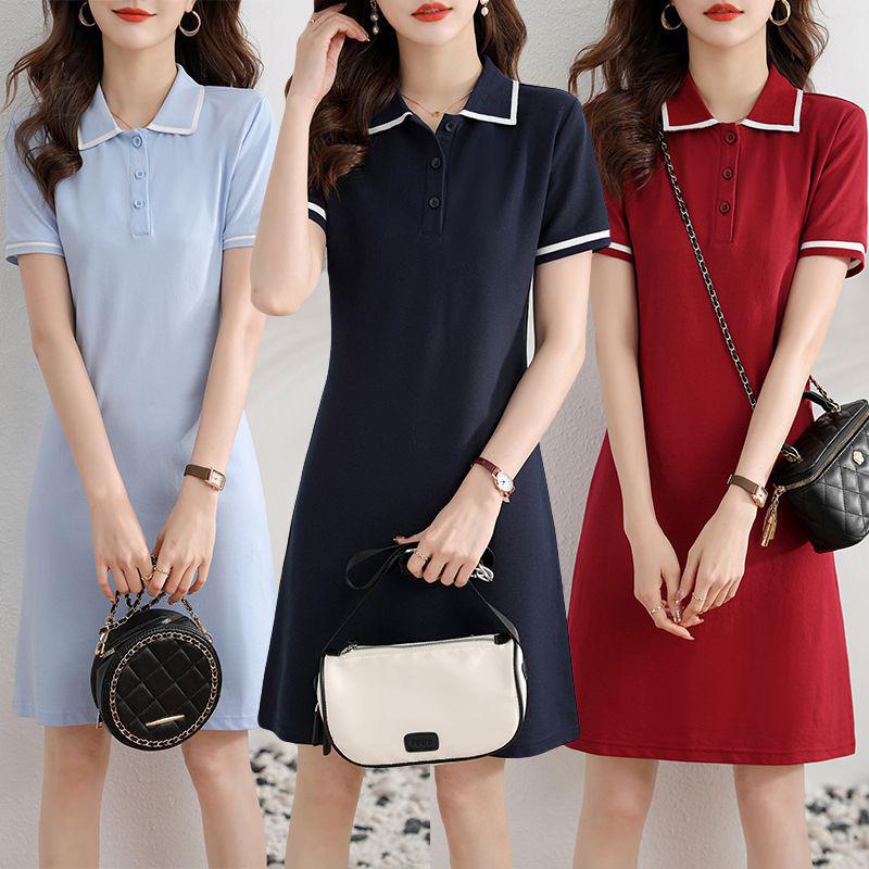 2026 Summer Short Sleeve Polo Neck Knit A-line Midi Dress for Plus Size Women