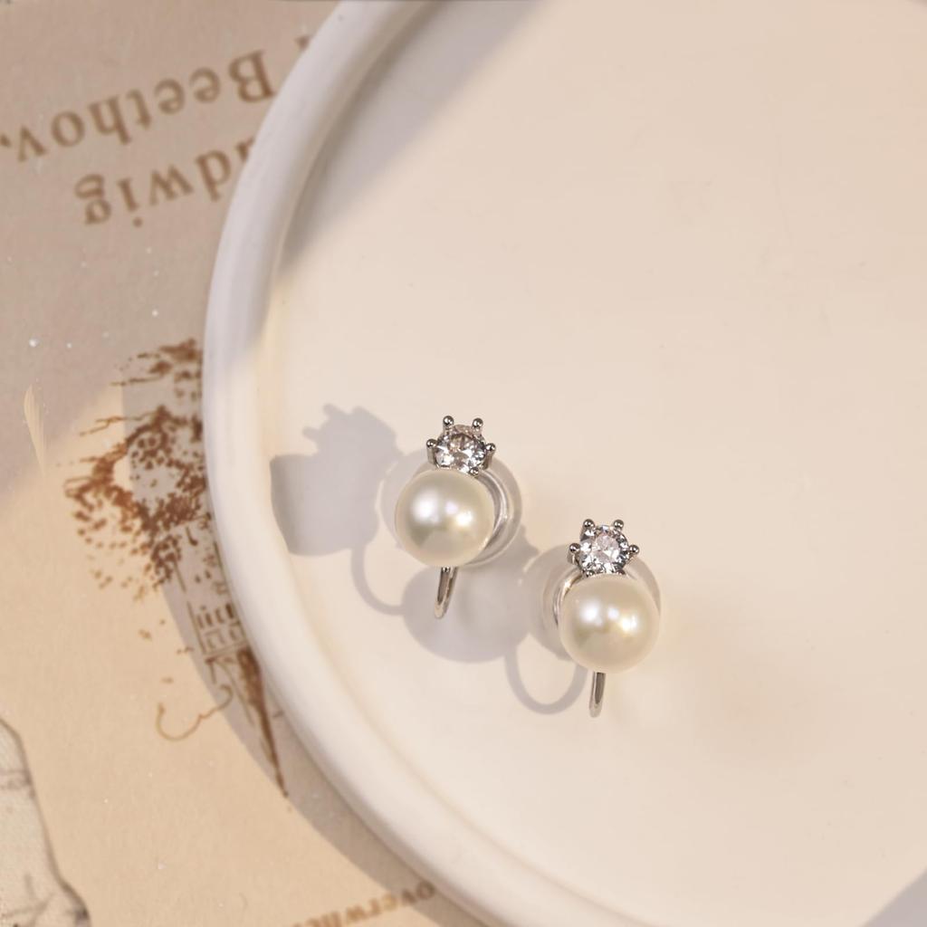 Princess Diana Style Natural Freshwater Pearl Earrings That Can Be Used Without Pierced Hypoallergenic [Orange Symbol] 7-8mm Clip-on Earrings, Ears,