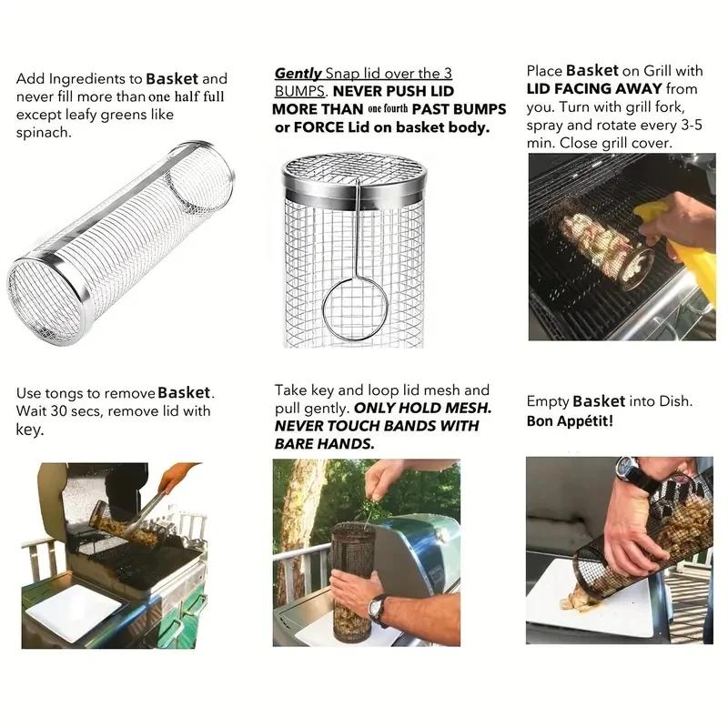 New Stainless Steel Baking Cage Non Stick Pot Grill Basket Outdoor Portable BBQ Cage Rolling Grilling Basket Kitchen Accessories