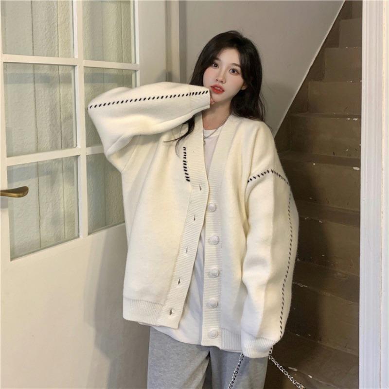 Autumn Winter Patchwork Loose Casual Cardigan Sweater Coat Women Single Breasted Knitting Outwear Top