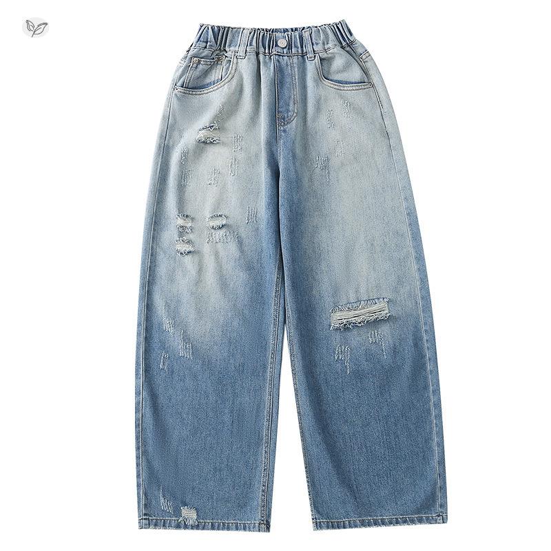 Girls Ripped Distressed Jeans Baggy Wide Leg Pants with Stretchy Waist Gradient Denim Pants for Kids Children Age 5-14Y