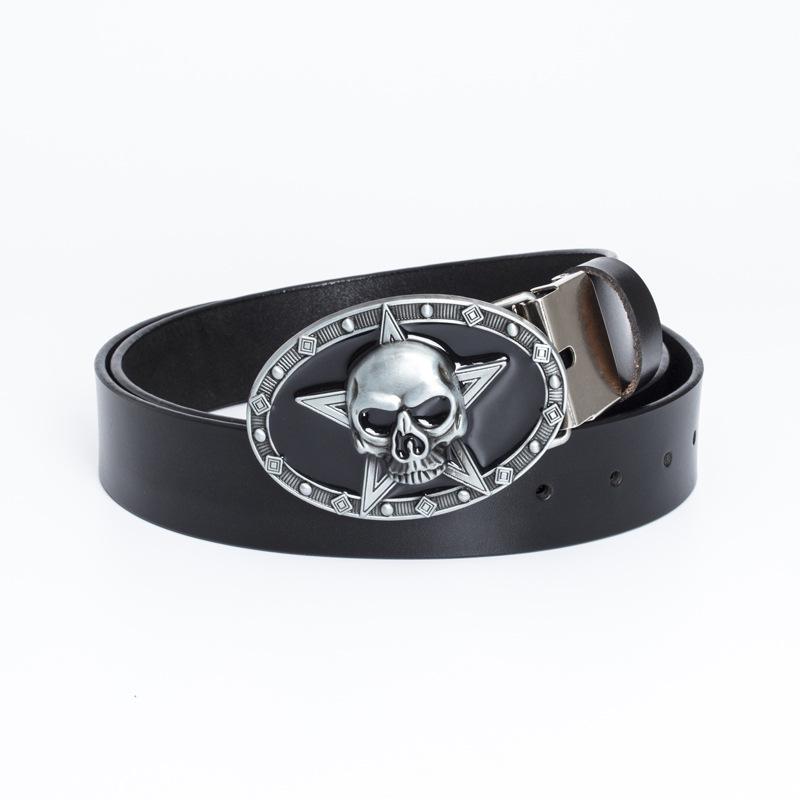 Lotte Jinsen Retro Leather Skull & Star Youth Belt, Trendy Fashion Cowhide Waistband