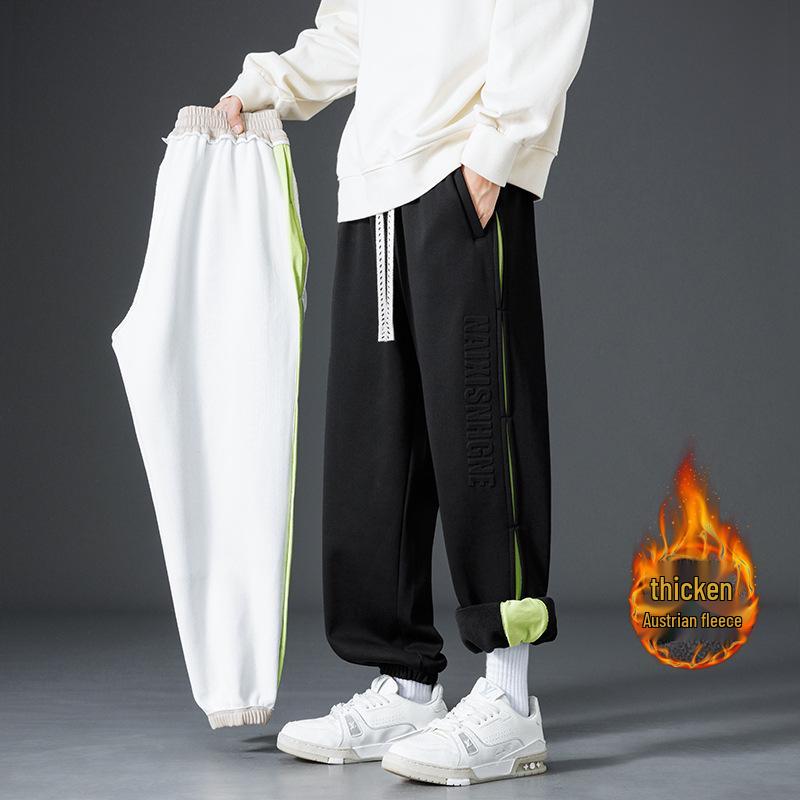 Men's Fleece-Lined Slim-Fit Cuffed Sweatpants - Thick, Stylish, Large Size, Steel Stamp Design for Autumn/Winter