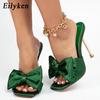 Fashion Eilyken New Arrival Silk Butterfly-knot High Heels Women Slippers Square Toe Mule Slippers Slides Party Pumps Shoes