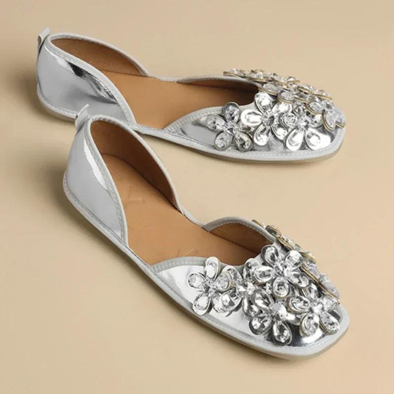 

Модные туфли-лодочки с кристальной цветочной отделкой, женские модные туфли с квадратным носком, ажурные повседневные туфли, большой размер 43, дизайнерская обувь 43 серебряный