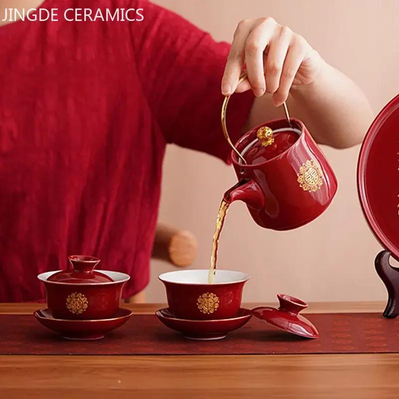 Chinese Ceramic Tea Sets Tradition Handmade Gaiwan Teapot Tea Ceremony Supplies Customized Tea Infuser Wedding Teaware Gifts