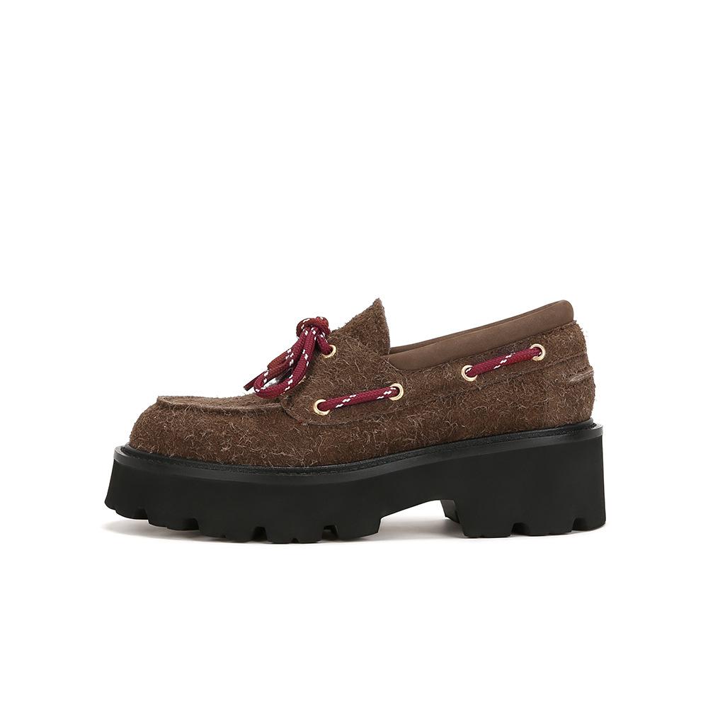 Cowhide version~ miu's retro platform heightening loafers women's genuine leather single shoes British style lace-up brown small leather shoes