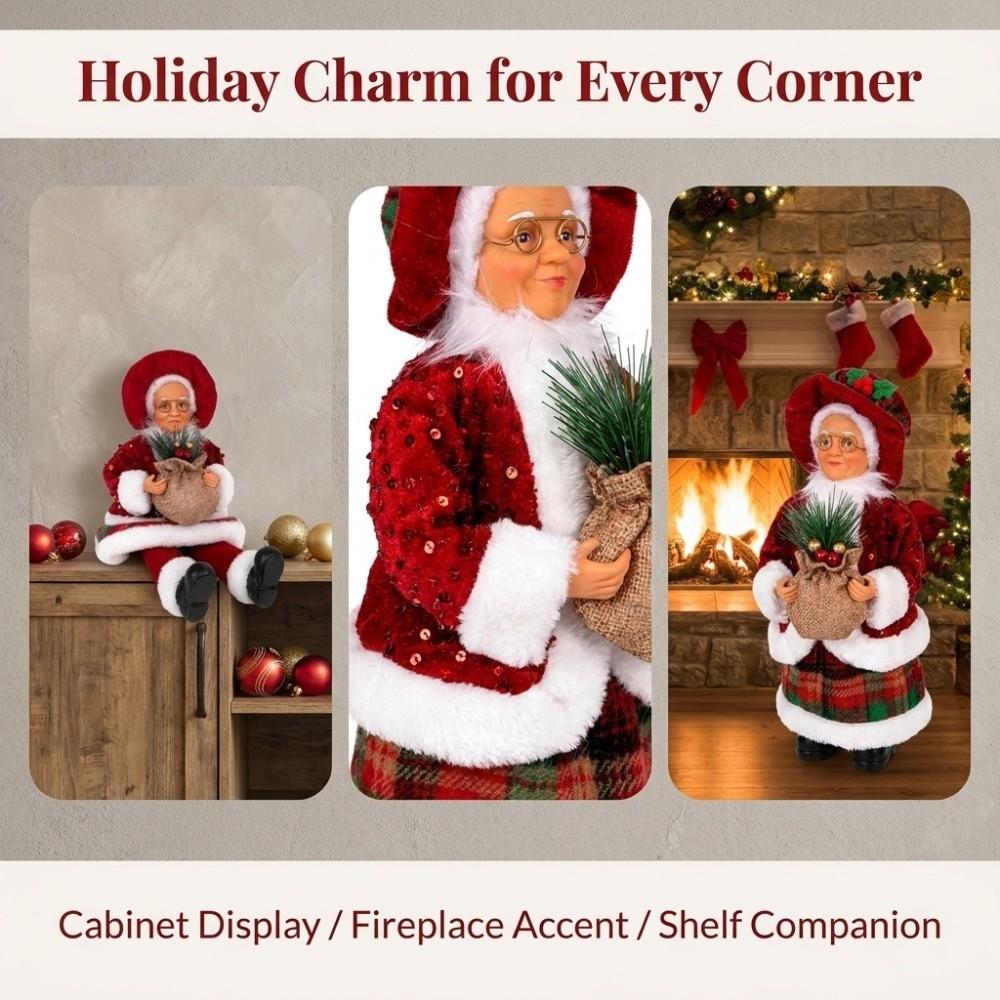 Standing & Sitting Mrs. Claus Christmas Statue Pine Berry Red Plaid Sequin Xmas Figurine Felt Faux Wool Ornament Mantel