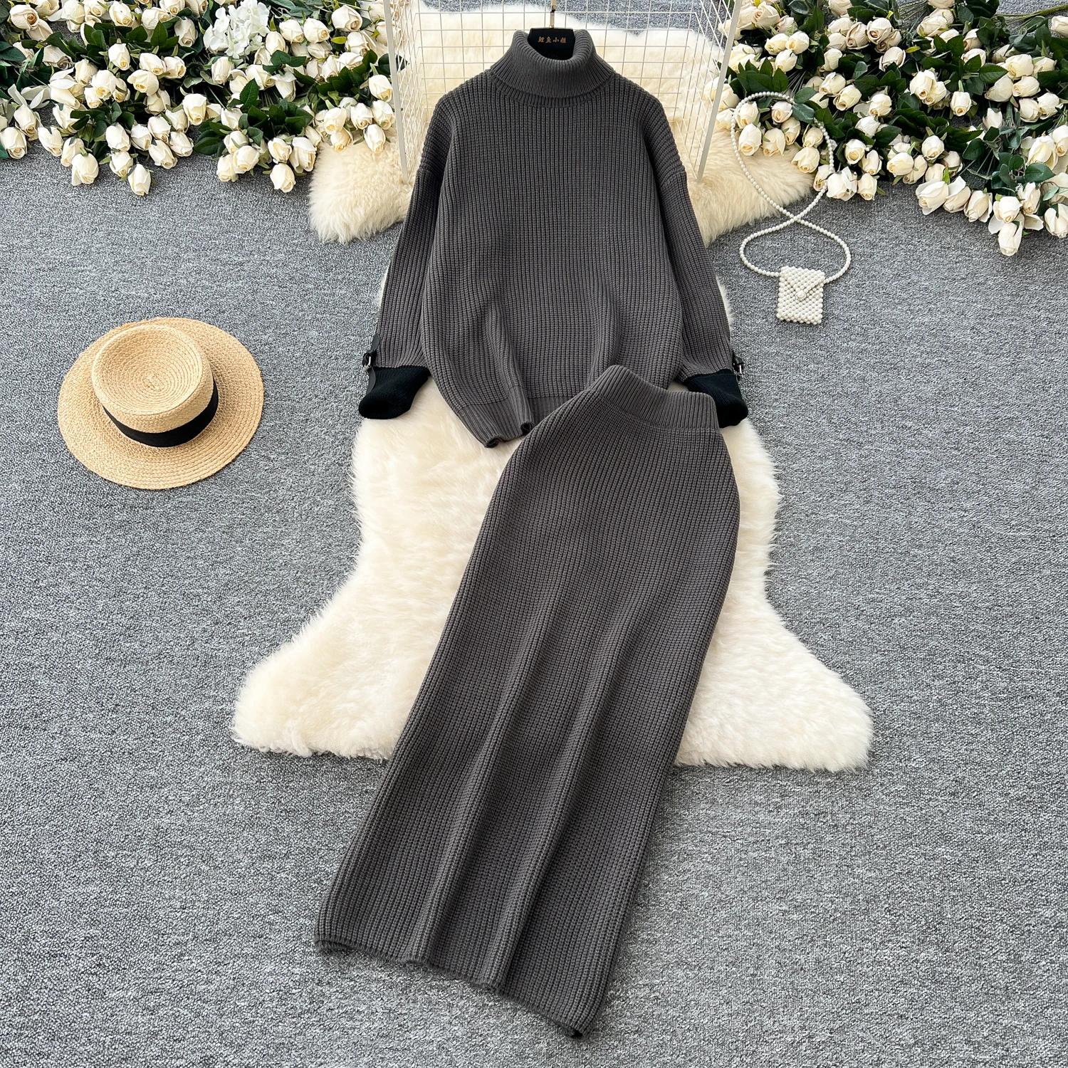 

Шикарные женские комплекты из двух предметов: водолазка с длинным рукавом, тонкий лоскутный топ и юбка с высокой талией, корейская мода, осенне-зимняя одежда One Size серый